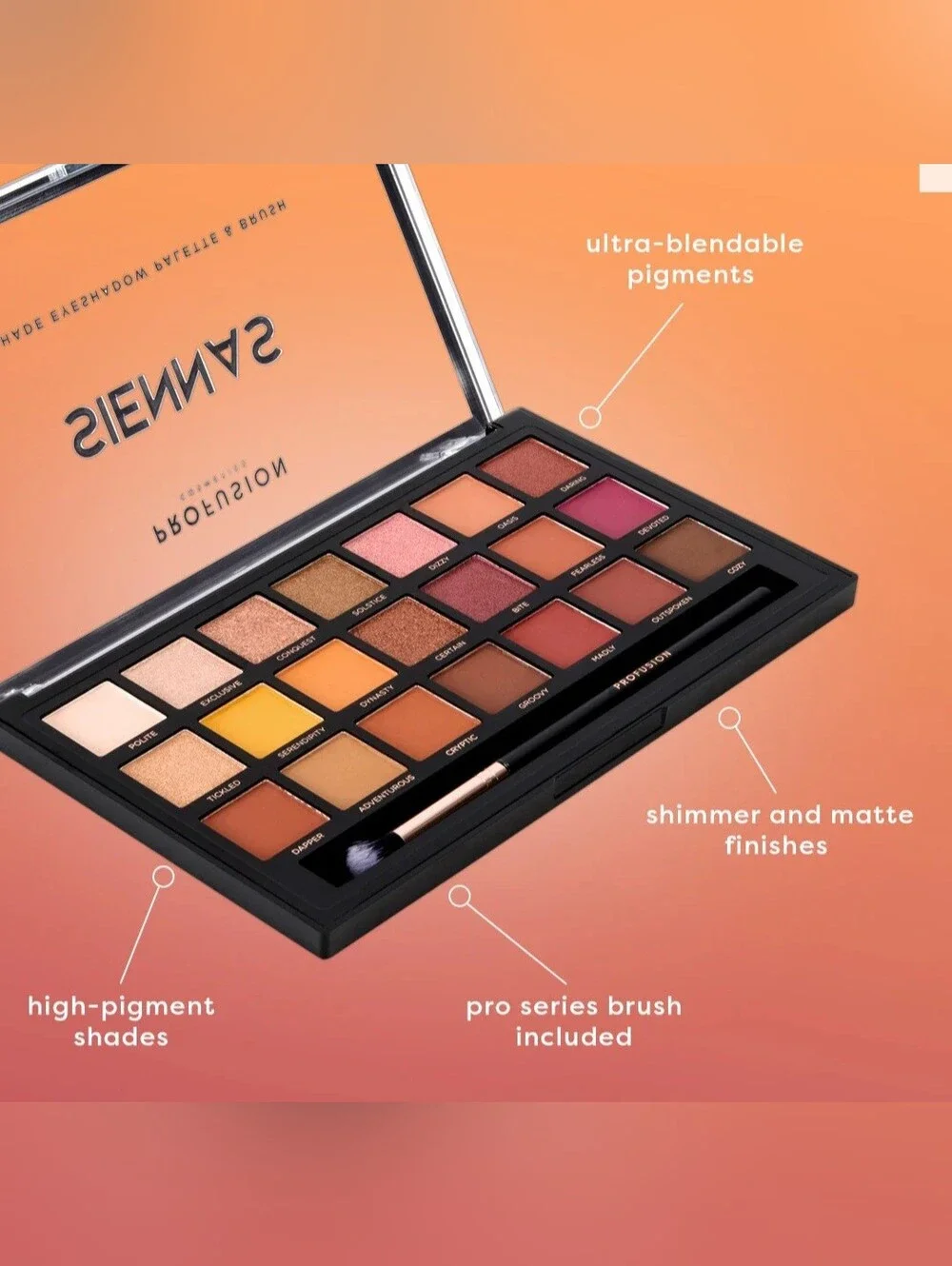 Profusion Cosmetics **SIENNAS** 21 Shade Eyeshadow Palette Collection & Brush